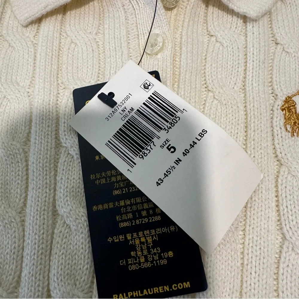 Polo Ralph Lauren Cream Cable Knit Kids Dress size 5 NWT long sleeve collar